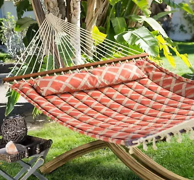 2 Person Quilted Twisted Cotton Rope Hammock Oversize Bed Hardwood Spreader Bar • $84.97