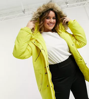 CURVE PARKA WITH FLUFFY HOOD AND DRAWSTRING WAIST - Size 24 - Yellow - Womens • $37.34