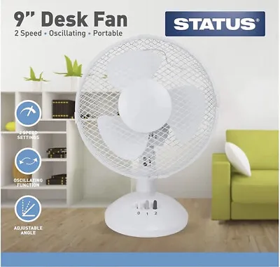 Status Portable 9  Air Cooling Desk Fan With 2 Speed Setting Oscillating White • £10.50