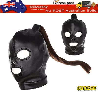 PU Leather Harness Head Hood Mask With Hair Open Mouth Ponytail Restraint BDSM • $29.99