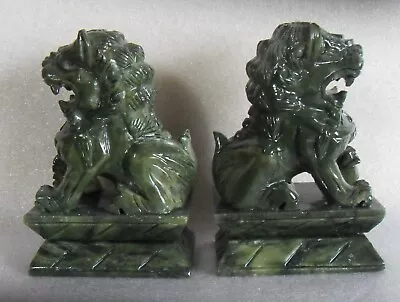 Vintage Chinese Green Jade Stone Color Pair Foo Dog Lion Bookends Heavy 4.5  • $38