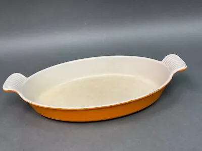 VTG. LE CREUSET CAST IRON #28 FLAME Yellow ORANGE CASSEROLE BAKING DISH FRANCE • £37.59