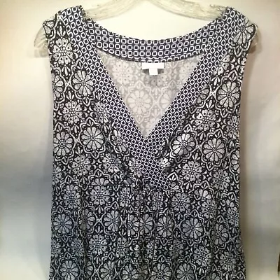 J JILL Navy & White Knit Dress XL Tall V Neck Sleeveless Batik Floral Travel New • $45.43