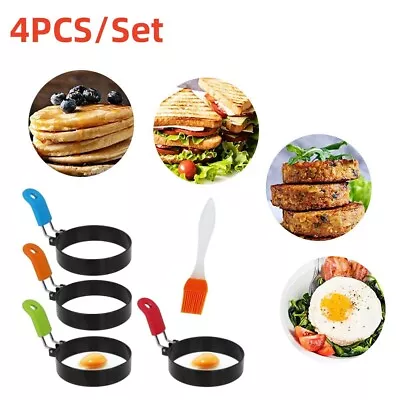 4Pc Round Non Stick Egg Frying Rings Circle Fried/Poach Mould Pancake With Bursh • £4.39