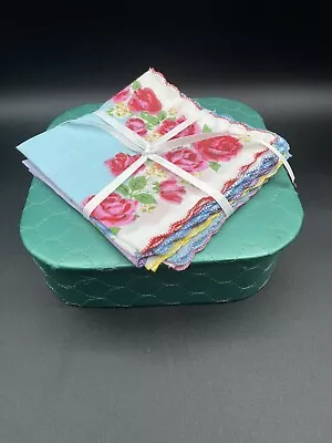 Vintage Quilted Satin Handkerchief Box 8 X8  Green 1950s 7 Hankies Grannie • $22