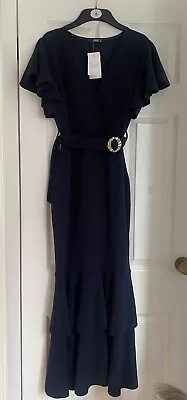 Bnwt Quiz Crepe Layered Frill Navy Blue Long Maxi Dress Size 12 New Wedding Prom • £9.99