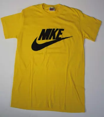 M 1980s 1987 Vintage Nike T Shirt Made In USA Single Stitch Nike Swoosh Yellow • $48.99