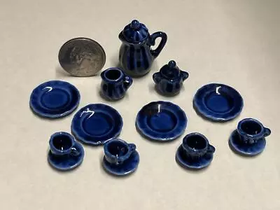 Dollhouse Miniature Tea Set Cobalt Blue 17 Pc Teapot Plates 1:12 Inch Scale B137 • $17.99