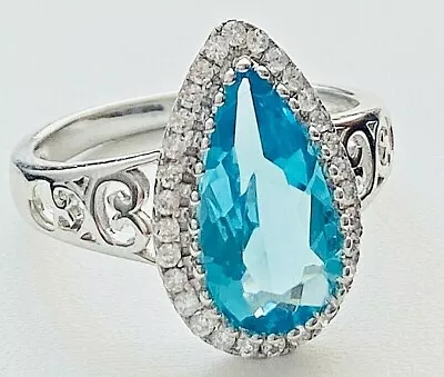 R6420S Mt St Helens Swiss Blue Helenite Pear W/CZ Sterling Silver Ring • $55