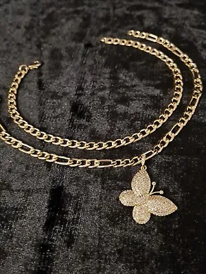 Gold Ankle Bracelet Double Anklet Curb & Figaro With Butterfly Charm 9  Length • £24.99