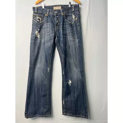 Mek Denim Womens Kaikoura Boot Cut Jeans Blue Distressed Button Fly Pocket 33/32 • $11.60