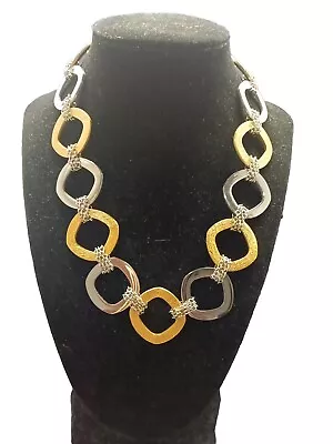 “Steel By Design” Brushed Gold-Tone And Silver-Tone Square Links Necklace • $24.99