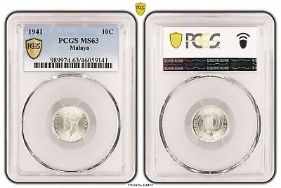 1941 British Malaya George VI. Nice Certified Silver 10 Cents Coin. PCGS MS63! • $33.15