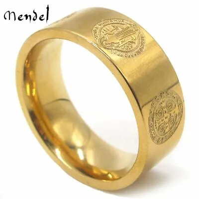 MENDEL Mens Gold Plated Catholic Religious St Saint Benedict Ring Band Size 7-15 • $11.99