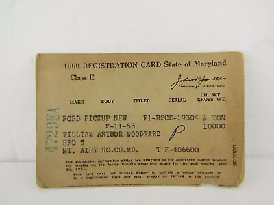 1960 Maryland Car Registration Stub Card Vintage • $11.99