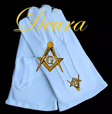 Masonic EMBROIDERED White 100% Cotton Gloves Gold G Square & Compass Size XL • $12.99