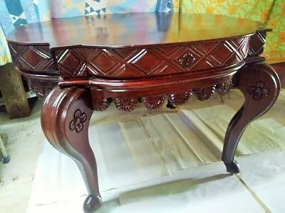 $425 • Buy Antique Intricately Hand Carved Heavy Mahogany Game Table+4 Antique Wood Chairs