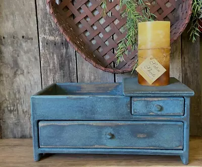 Primitive Country Early Colonial Farmhouse Aged Blue Mini Dry Sink With Drawers • $69.99