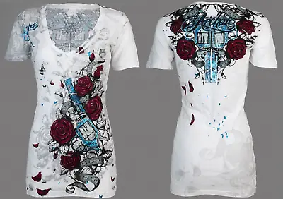 Archaic AFFLICTION Women's T-Shirt ON MY WAY Heart White Tattoo Biker XS-XL $58 • $23.95