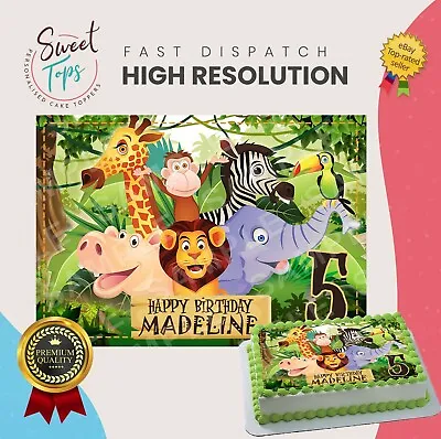 Jungle Safari Animals Rectangle Edible Cake Topper Decoration Personalised • £5.99