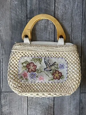 Wicker Rattan Embroidered Needlepoint Summer Bag Purse Wood Handles Vintage 15” • $30