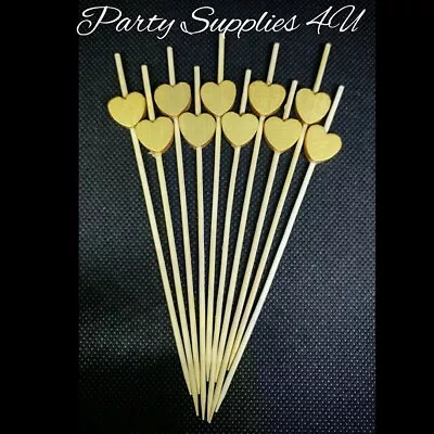 Gold Heart Party Picks Cocktail Sticks/wooden/food/wedding/Valentine/Xmas 10pk • £2.75