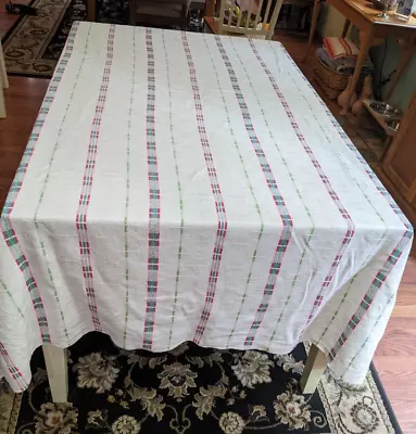 Vintage Woven Cotton Tablecloth White Red Aqua Green Yellow Stripes Fringe Sides • $16