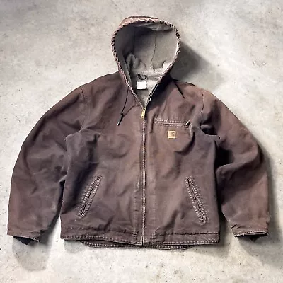 Vintage Carhartt Jacket Mens Large Brown J141 DKB Sherpa Lined Hooded Work Coat • $125