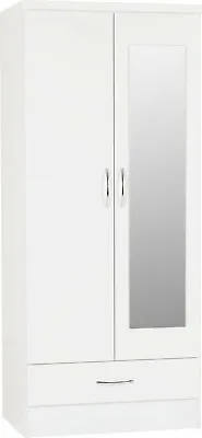 Nevada Mirrored 2 Door 1 Drawer Wardrobe White Gloss Hanging Rail Storage • £173.24