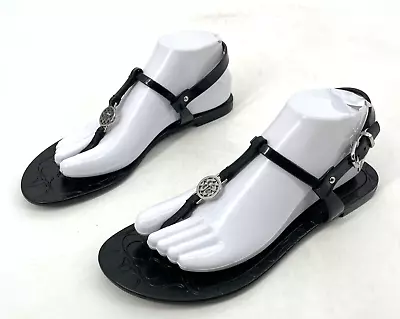 Coach Womens 9B Pansy Black Jelly Flats T-Strap Thong Sandal Silver Hardware • $29.99