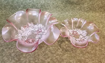 Mikasa Rosella Pink Frosted Glass 11in. & 8in. Serving Bowl Set Ruffled Rim • $35