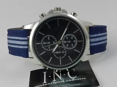 INC INTERNATIONAL CONCEPTS Men's Blue & White Striped Denim Strap Watch 42mm • $2