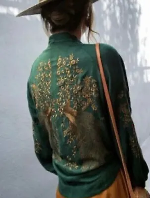 Zara Alexis Rose Green Gold Bird Jacquard Embroidered Kimono Jacket M-l • $87.02