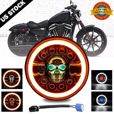 7  Skull LED Headlight Angel Eyes For Harley-Davidson Honda Yamaha Motorcycle US • $38.99