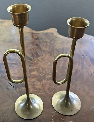 Vintage Trumpet Brass Candlesticks Holders Set Of 2 8.25  & 7.25  • $14.90