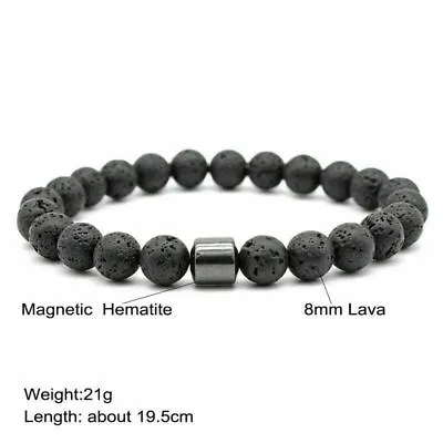 Men's Gemstone Strand Bracelet Black Magnetic Hematite Beads Energy Healing Yoga • £4.99
