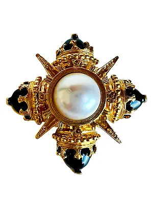 Vintage Black Gold Imitation Pearl Cabochon Maltese Cross Pin Brooch Benedikt NY • $89.60