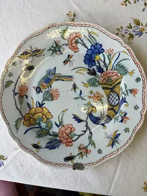 Antique French Delft Polychrome Faience Decorative Plate Colorful Flowers • $250