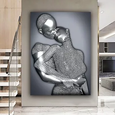 Silver Metallic 3D Effect Lovers Kissing Heads Canvas Wall Art Or Poster Print • £8.49