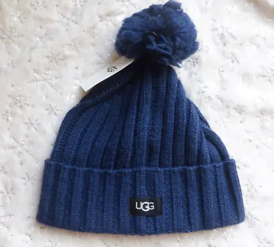 UGG  Pom Cardi Stitch Knit Beanie Women's Navy One Size NEW Tags • $19.99