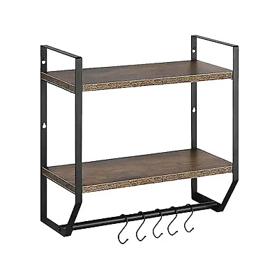 Bathroom Towel Rack 2 Tier Wall Mounted Wood Shelf With Hooks Towel Holder Shelf • $22.59