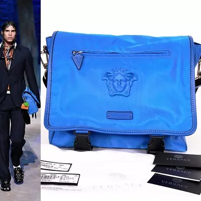 NEW $1395 VERSACE RUNWAY Blue Nylon LA MEDUSA LOGO Crossbody LAP TOP FLAP BAG • $795