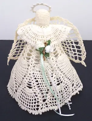 Vintage Crochet Angel Christmas Tree Topper 9” Starched Handmade Rose Buds • $25