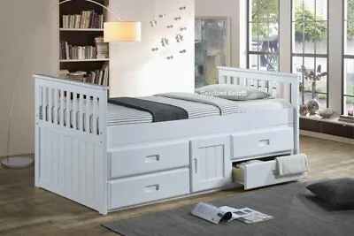 Rio White Single Wooden Bed Frame With Storage - Kids Captains Bed - Solid Wood • £399