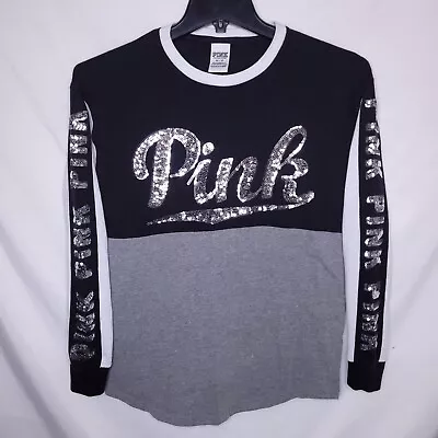 Pink Victorias Secret Shirt Womens XS Black Gray Sequin Logo  • $18