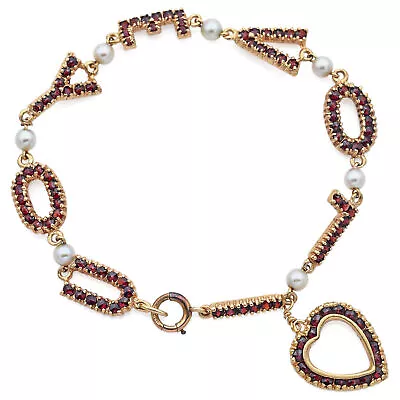 Vintage 13K Yellow Gold Garnet & Pearl I Love You Link Bracelet • $1195