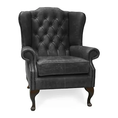 Chesterfield High Back Wing Chair Presented  In Vintage Black Leather • £695