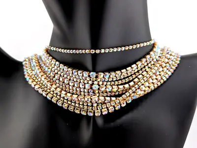 12-strand AB RHINESTONE CRYSTAL CHOKER Gold-tone Tiered Necklace Iridescent 1I • $18.99