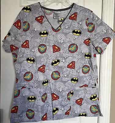 Size Large Justice League DC Comics Gray Red Yellow Scrub Top Super Heros Logos • $18.99