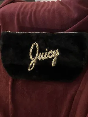 New Black Juicy Couture  Cosmetic Bag Black Faux Fur Gold Embedded Lettering • $25